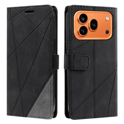 Black leather-style wallet phone case with geometric stitching and a secure front cover, shown with an orange triple-camera cutout on the back.