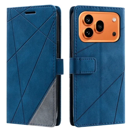 Blue geometric-pattern flip phone case with magnetic strap, shown from front and back views, in blue leather.