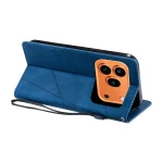Elegantna_flip_line_torbica-Honor_600_Pro-modra-7 | Poceni-Ovitki.si Blue leather folio phone case with wrist strap, open to show orange triple-camera module on the back.