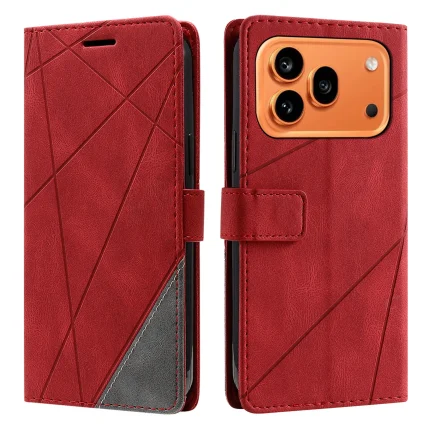 Red leather-style flip phone case with diagonal geometric stitching, shown closed on left and open on right, protecting the screen while exposing the back camera area on the right.