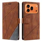 Brown leather wallet-style phone case with geometric stitch pattern and a magnetic clasp, showing front and back views.