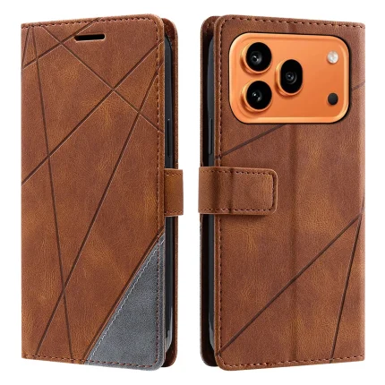 Brown leather wallet-style phone case with geometric stitch pattern and a magnetic clasp, showing front and back views.