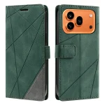 Green leather wallet-style phone case with diagonal geometric stitching and a strap closure (front view).