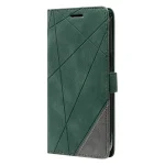 Green folio-style phone case with geometric diagonal stitching and a side strap/clasp