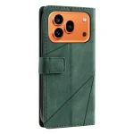 Green leather folio-style phone case with a magnetic strap and an orange triple-camera module exposed on the back behind a cutout panel.