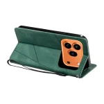 Green folio-style phone case with a visible orange triple-camera phone and wrist strap.
