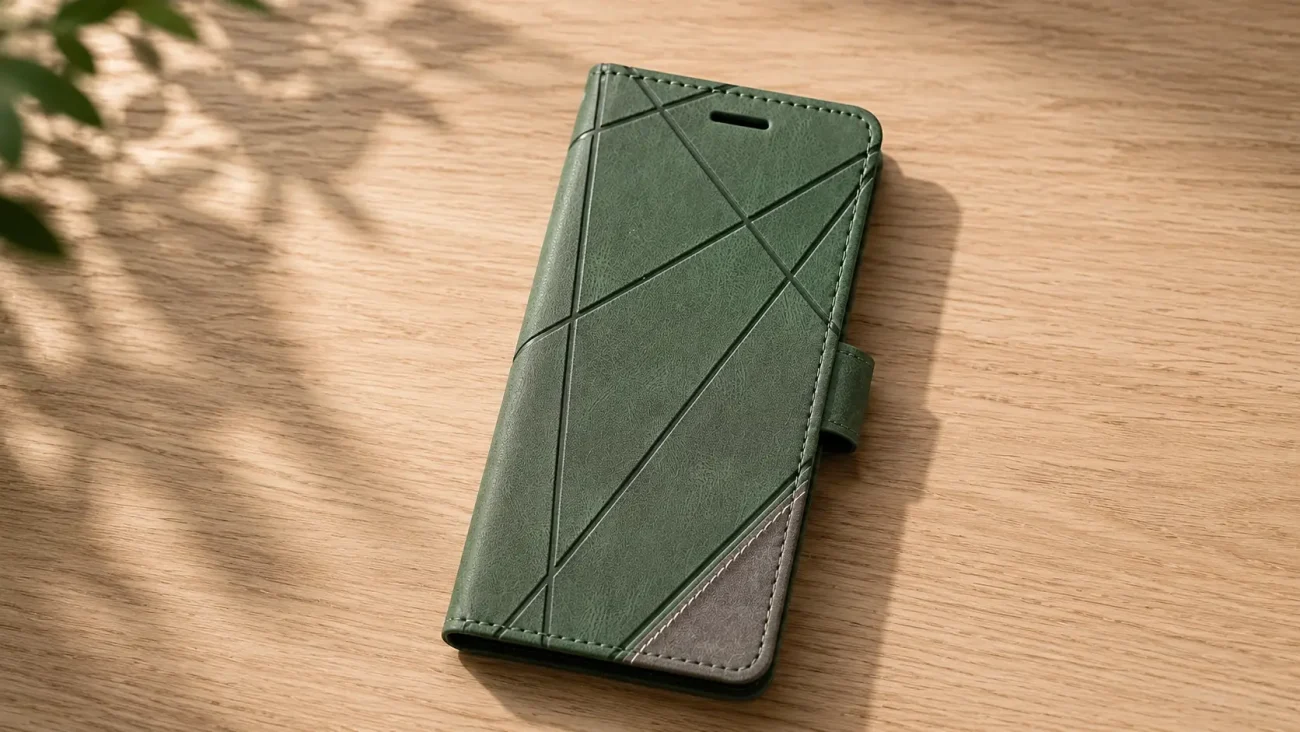 Green leather wallet-style phone case with geometric diagonal stitching on a wooden table surface