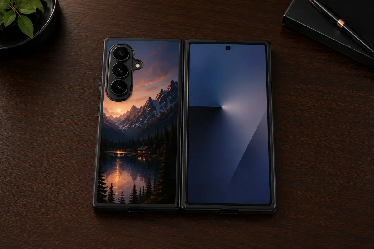 Ovitek po meri za Samsung Galaxy Z Fold 7 | Poceni-Ovitki.si Two foldable smartphones lie open on a dark wood desk, one showing a mountain sunset wallpaper and triple camera module, the other displaying a dark screen with a centered notch area.