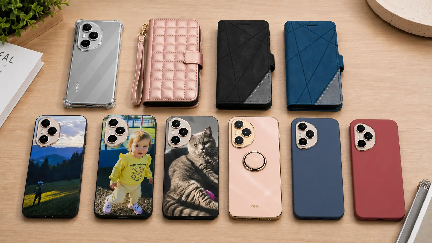 Row of smartphones with various cases on a wooden table; several backs show custom photos, others are solid colors or patterns.