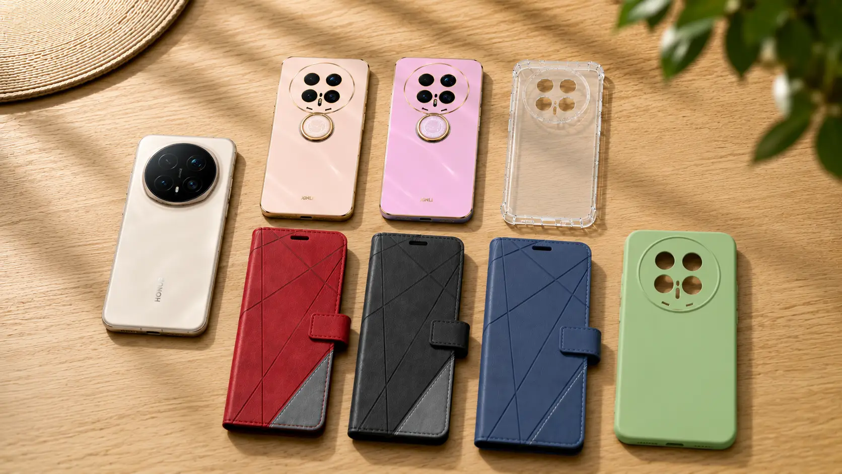 Row of smartphones with colorful protective cases laid out on a wooden table; includes red, black, blue, green flip cases and pink/peach back panels, plus a clear case