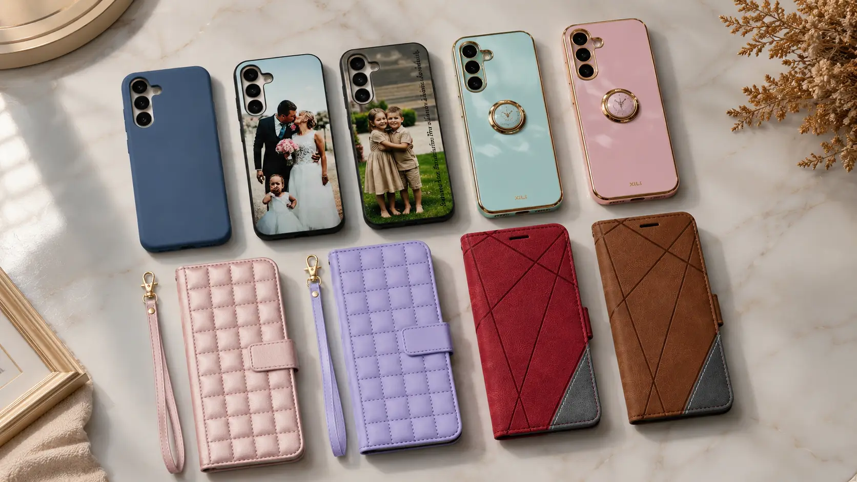 Row of colorful phone cases and wallet-style sleeves laid on a marble surface, some with photo backs of a wedding and kids.