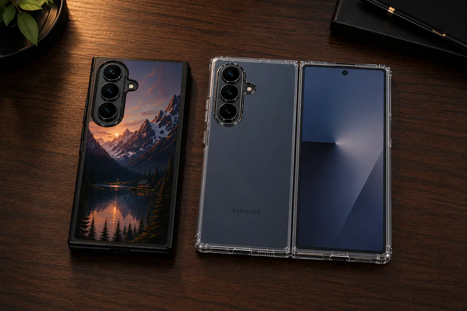 Ovitki za Samsung Galaxy Z Fold 7 | Poceni-Ovitki.si Three Samsung smartphones on a dark wooden desk; two in clear cases and one showing a mountain lake wallpaper on the screen.
