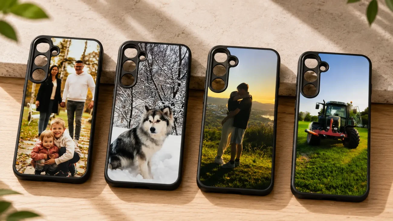 Four phone cases on a wooden surface, each with a different photo: family with kids, husky in snow, couple at sunset, and a tractor in a field.