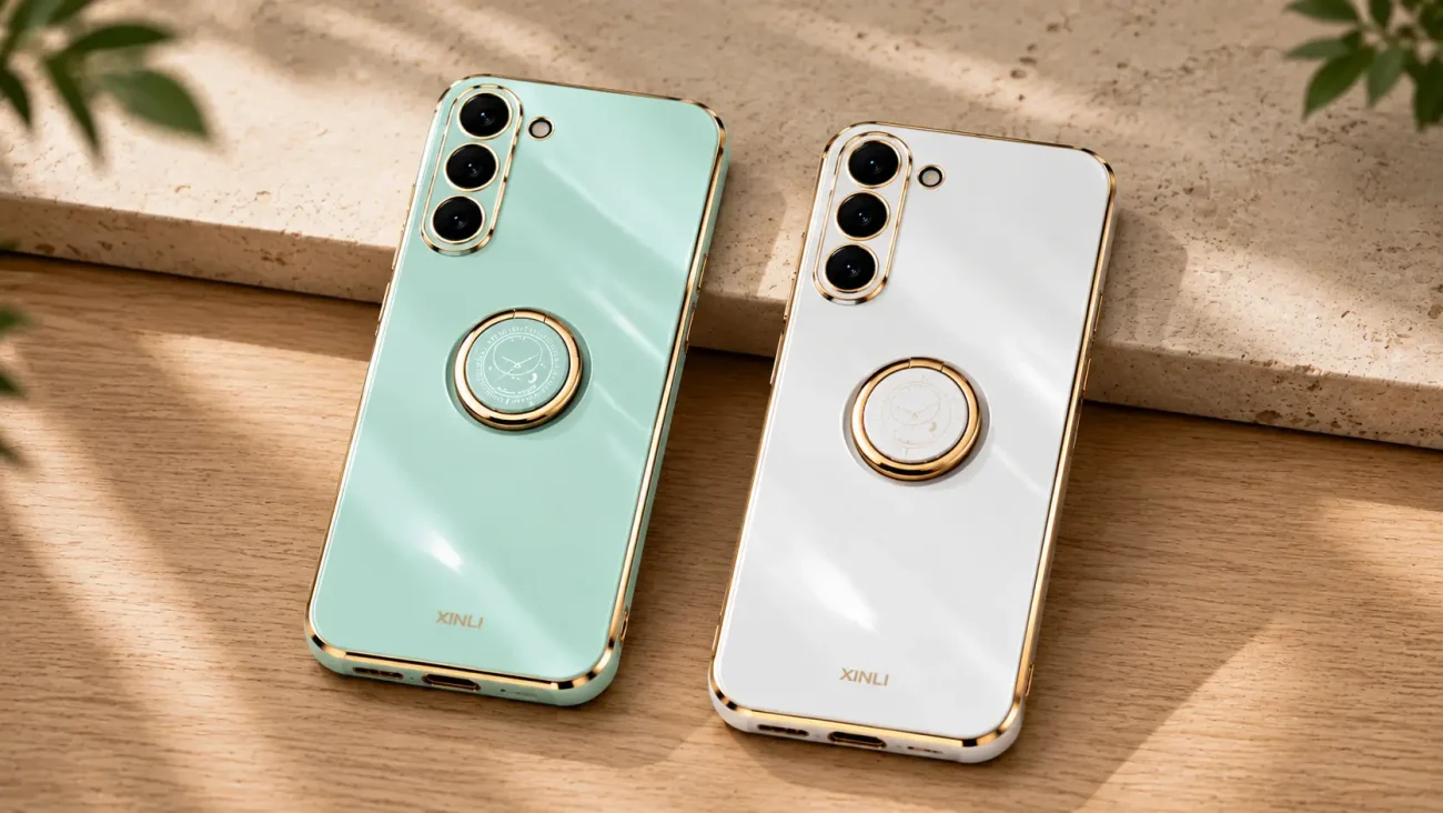 Two modern smartphones with gold-trimmed frames and circular metal mounts on their backs, one mint green and one white, placed on a wooden surface with soft sunlight.