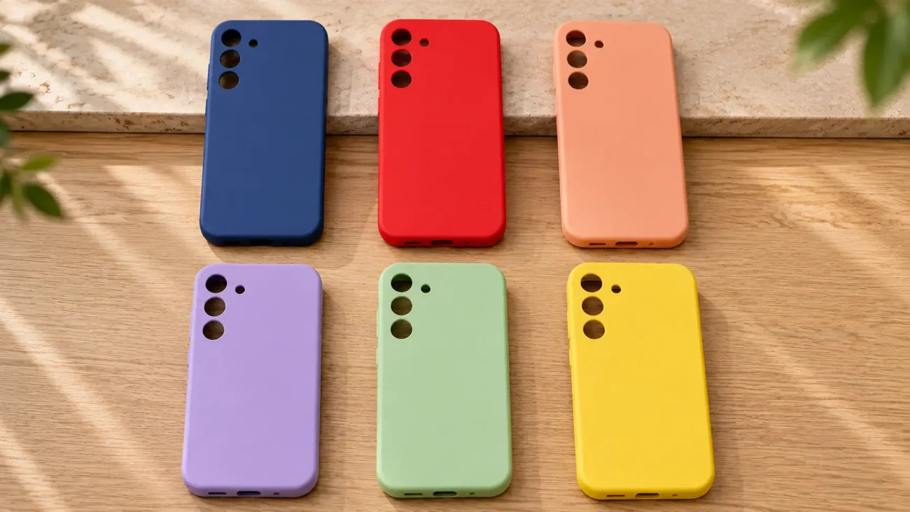 Six colorful smartphone cases in blue, red, peach, purple, green, and yellow laid out on a wooden surface.