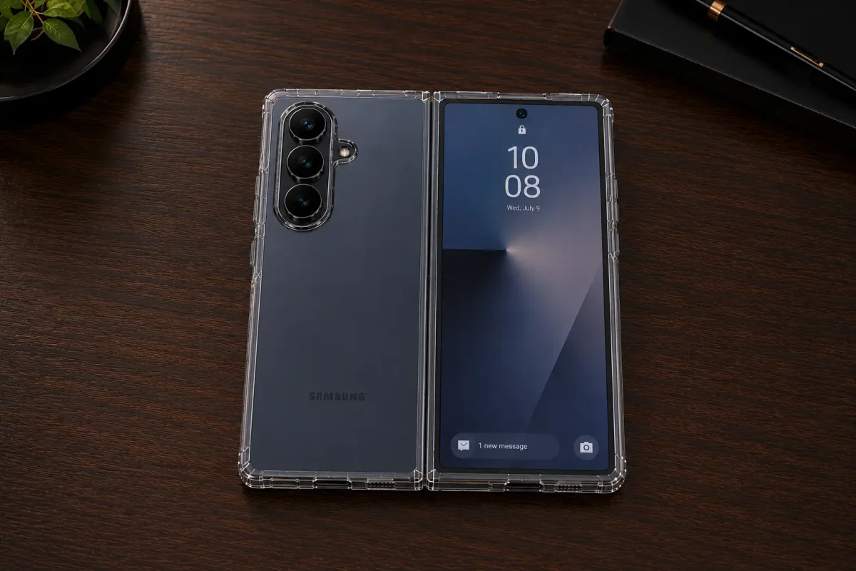 Prozoren ovitek za Samsung Galaxy Z Fold 7 | Poceni-Ovitki.si Two Samsung foldable smartphones in clear cases on a dark wooden desk, one open to show the time display on the screen.
