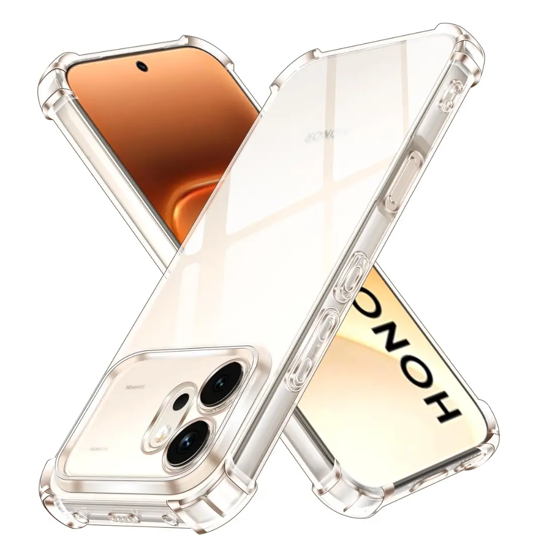 Prozoren_Ovitek-Honor_600 | Poceni-Ovitki.si Two iPhones in clear protective cases crossed in an X, showcasing reinforced corners and dual-camera setup.