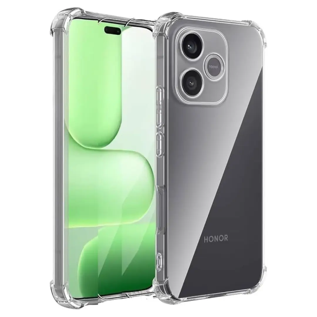 Prozoren_Ovitek-Honor_600_Lite | Poceni-Ovitki.si Clear protective phone case surrounding a gray Honor smartphone, shown from front and back views to highlight the transparent design and camera cutouts.
