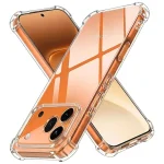 Orange iPhone in a clear protective case, shown from multiple angles arranged in an X shape.