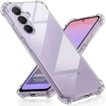 Transparent protective case on a lavender Samsung Galaxy phone, showing the triple-camera setup.