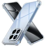 Two smartphones in clear blue protective cases arranged in an X shape, showcasing the dual camera setup and glossy backside panels.