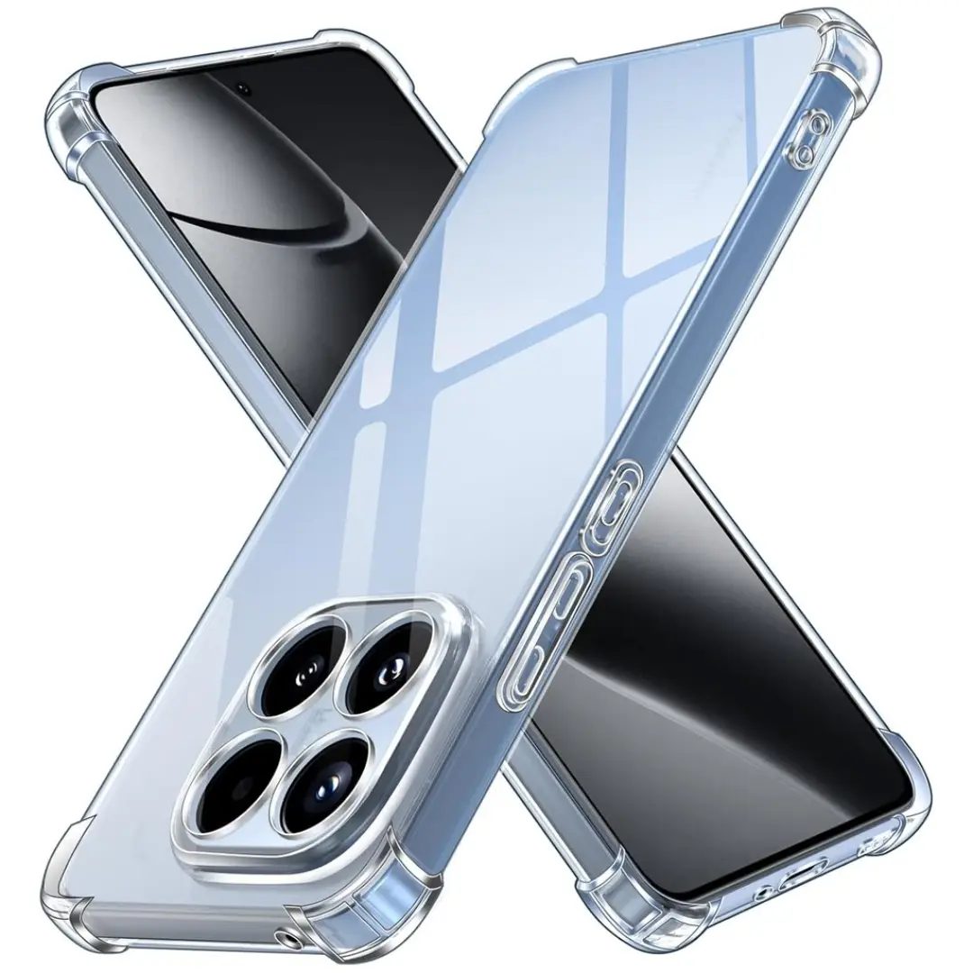 Prozoren_Ovitek-Xiaomi_17T | Poceni-Ovitki.si Two smartphones in clear blue protective cases arranged in an X shape, showcasing the dual camera setup and glossy backside panels.