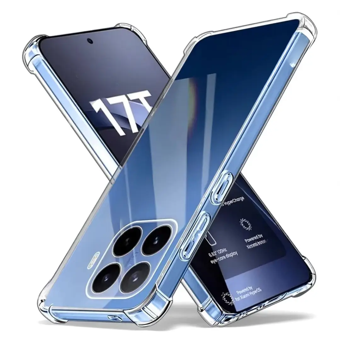 Prozoren_Ovitek-Xiaomi_17T_Pro | Poceni-Ovitki.si Two blue smartphones in clear protective cases crossed in an X shape, displaying large camera arrays.