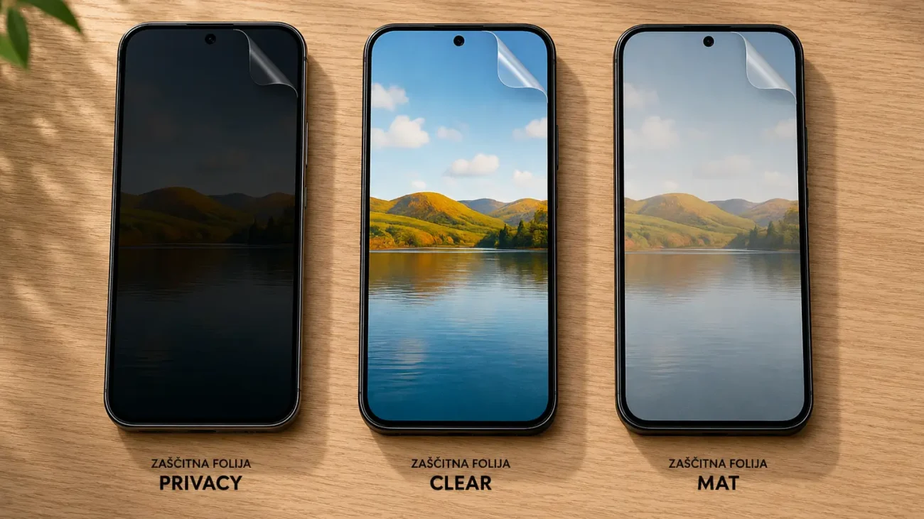 Three smartphones laid on a wooden table showing different screen protectors: Privacy (dark), Clear with a lakeside landscape, and Matte (Mat) finish.