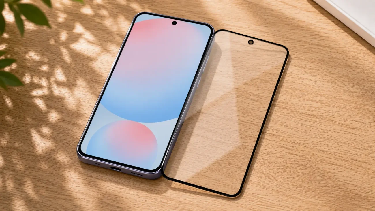 Smartphone with edge-to-edge display on a wooden surface, a glass screen protector lies beside it with leaf-shaped shadows nearby.