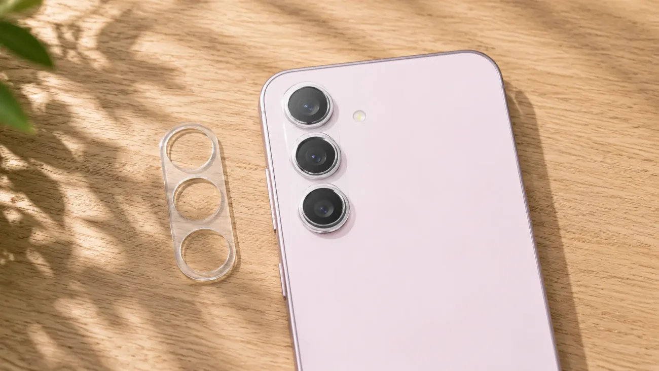 Pink smartphone with a triple-camera setup on the back, lying on a wooden surface; a clear protective lens cover sits beside it.