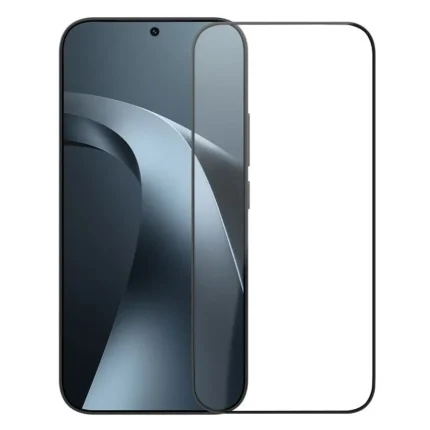Black smartphone with a curved edge-to-edge display and a transparent screen protector aligned over the screen