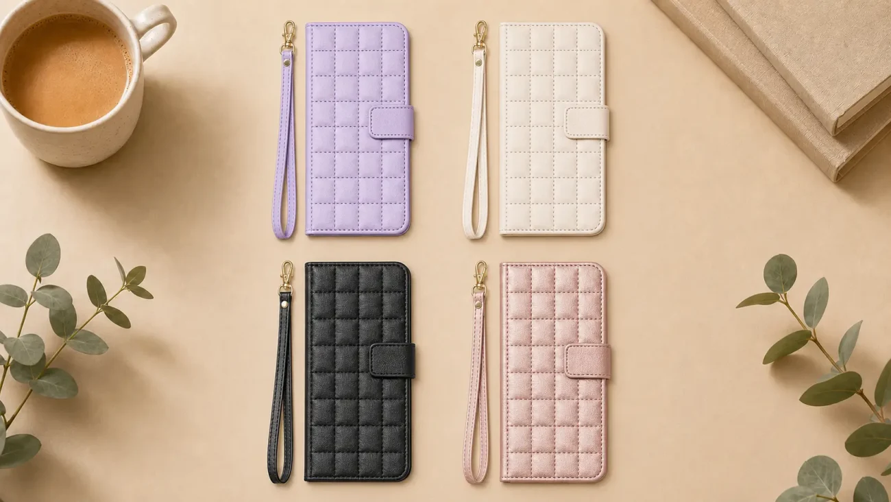 Six quilted wallet cases with attached straps in lavender, white, black, pink, placed on a beige background beside a coffee cup and books.