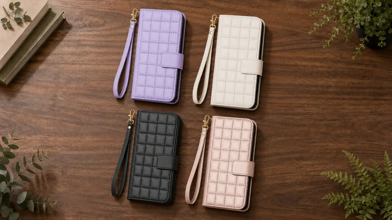 Coushin torbice za iPhone 17 Pro | Poceni-Ovitki.si Top-down view of five quilted wallet-style phone cases with wrist straps on a wooden table (purple, lavender, white, black, blush pink).
