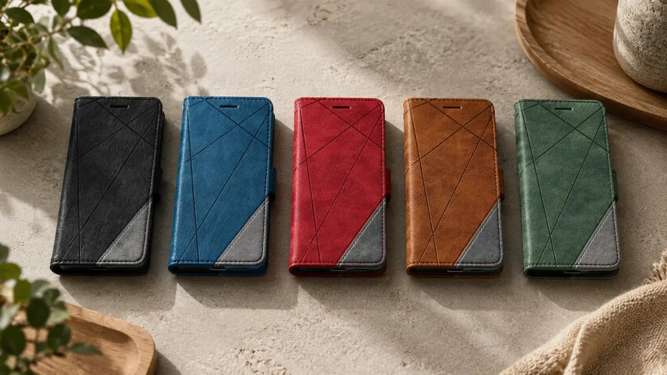 Flip Line Torbice za Samsung Galaxy S24 Ultra | Poceni-Ovitki.si Row of five leather wallet-style phone cases in black, blue, red, brown, and green with gray corner panels, laid on a light stone surface.
