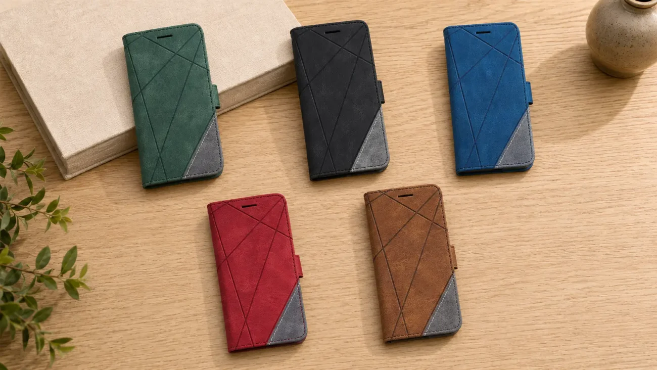 Flip Line torbice za Honor 600 Lite | Poceni-Ovitki.si Six leather phone wallet cases in green, black, blue, red, brown and gray with diagonal stitching on a wooden table.