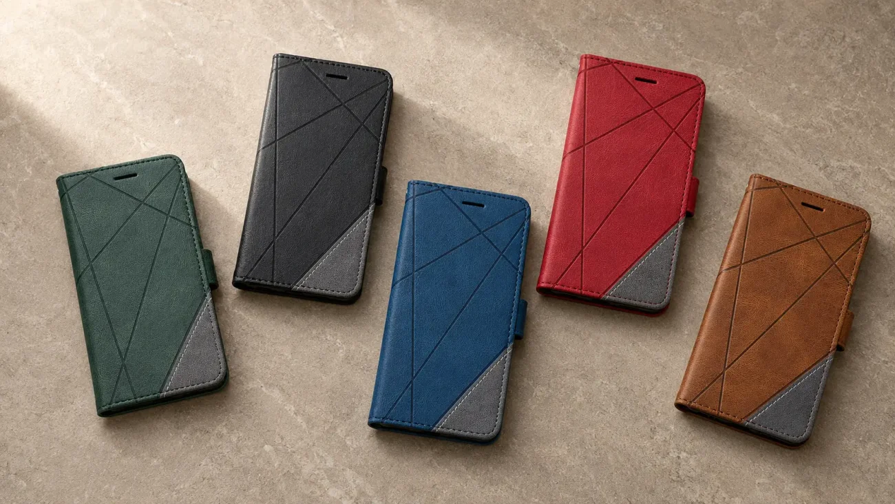 Five diagonal-patterned phone wallet cases in green, black, blue, red, and brown laid on a beige surface.