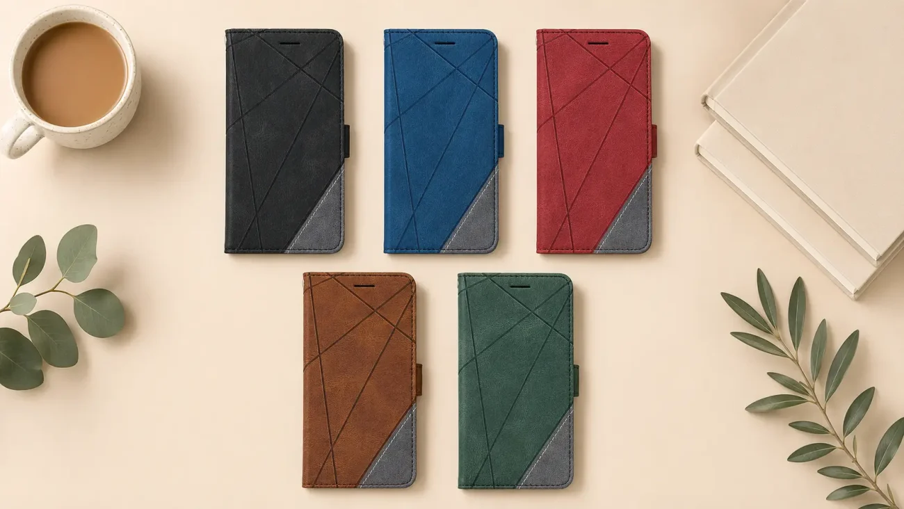 Six folio-style leather phone wallet cases with diagonal stitching in black, blue, red, brown, and green on a beige surface, beside a coffee cup and greenery.