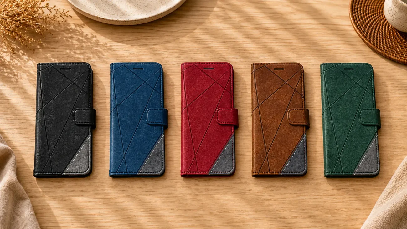 Flip Line torbice za Samsung Galaxy A17 5G | Poceni-Ovitki.si Five leather wallet-style phone cases in black, blue, red, brown, and green arranged on a wooden table with diagonal stitching lines and a side clasp visible on each.