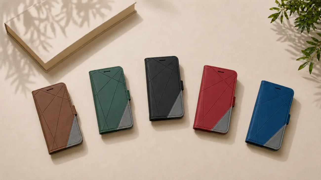 Five geometric-pattern wallet-style phone cases in brown, green, black, red, and blue with gray corner panels laid on a beige surface.