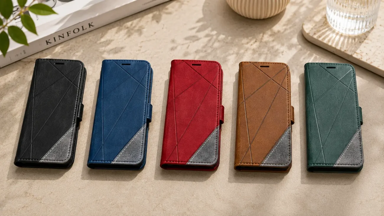 Five geometric-patterned wallet phone cases in black, blue, red, brown, and green arranged on a beige surface with a Kinfolk magazine in the background.
