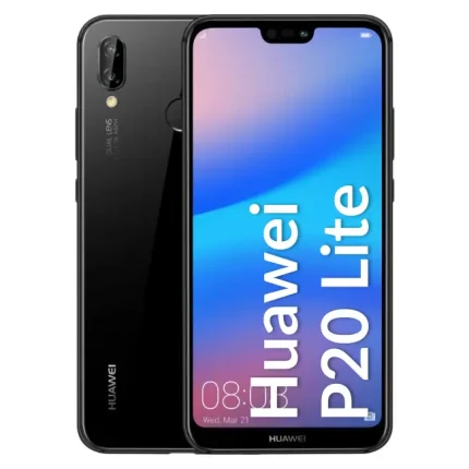 Huawei P20 Lite smartphone shown from both front and back, featuring a notch display and dual-camera setup on the back.