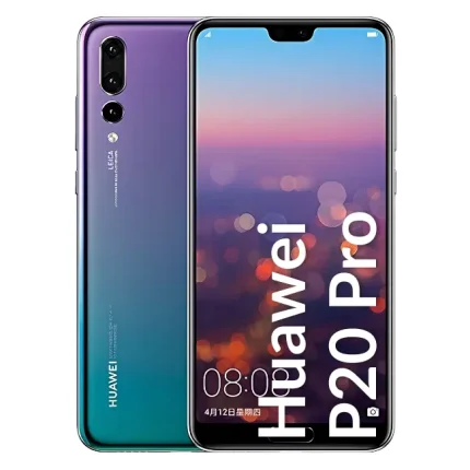 Huawei P20 Pro smartphone shown from back and front with gradient purple-to-teal finish and triple rear cameras; front display shows a colorful wallpaper and vertical 'Huawei P20 Pro' text.