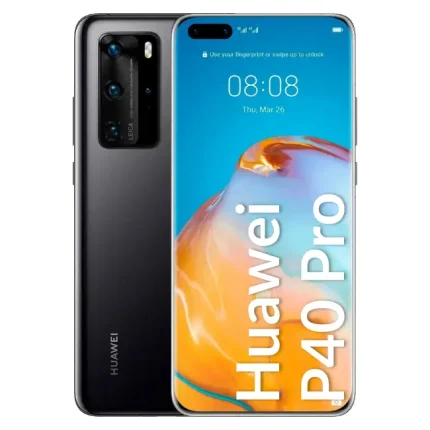 Huawei P40 Pro smartphone shown from front and back, featuring a large curved display and multi-camera setup on the back (Leica branding).
