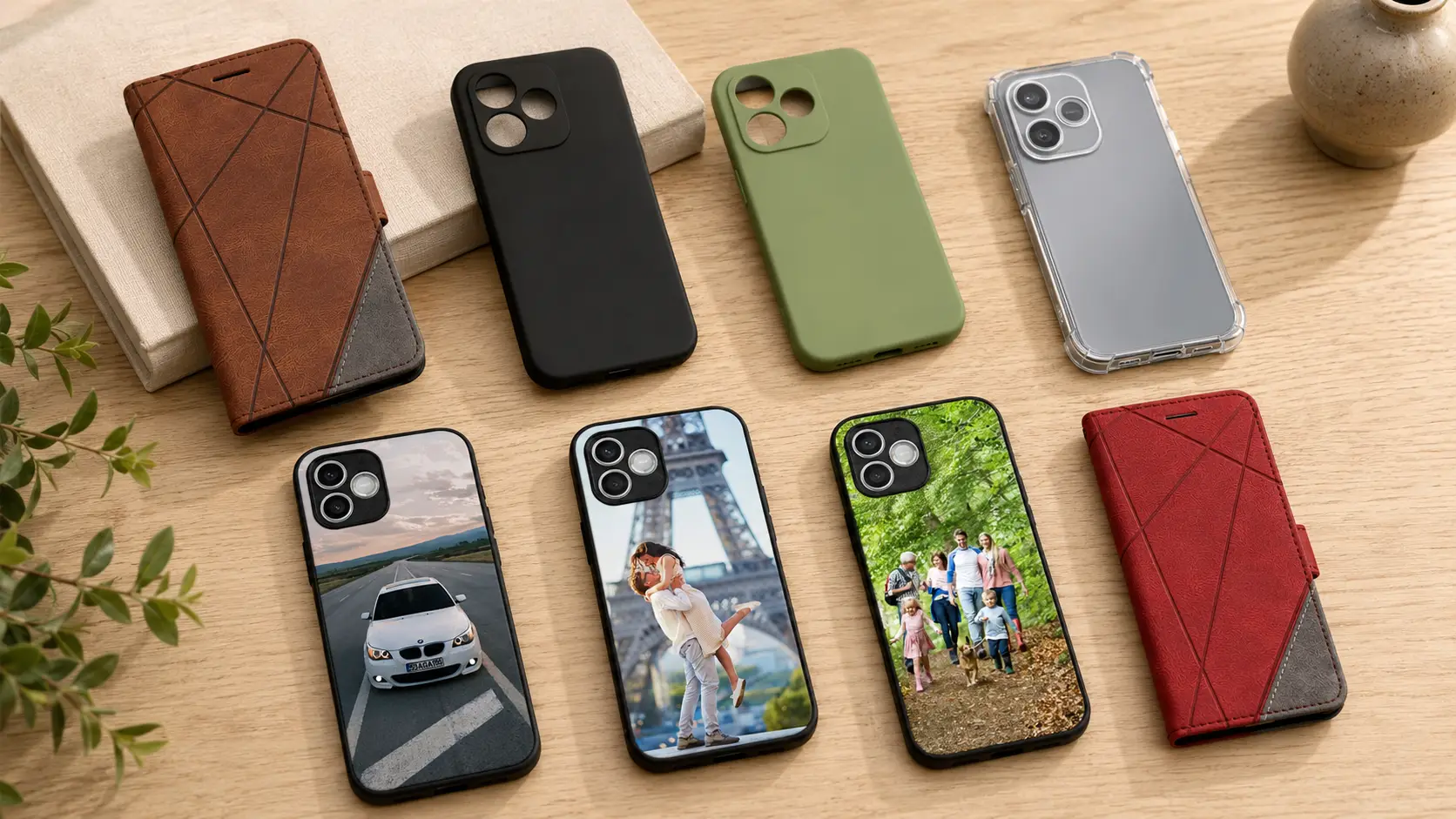 Ovitki za Honor 600 Lite | Poceni-Ovitki.si Assorted phone cases in brown, black, green, and red laid on a wooden table beside a vase and books.