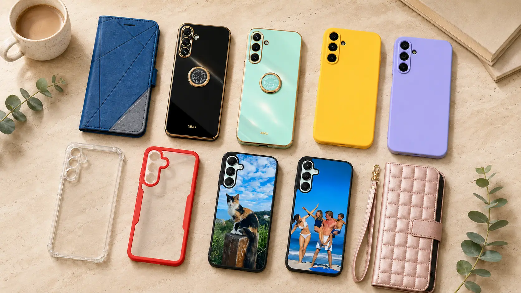 Row of colorful smartphone cases and phones laid out on a beige surface, with a mug of coffee and small greenery nearby. Includes clear and red bumper cases and two phones with landscape wallpaper.