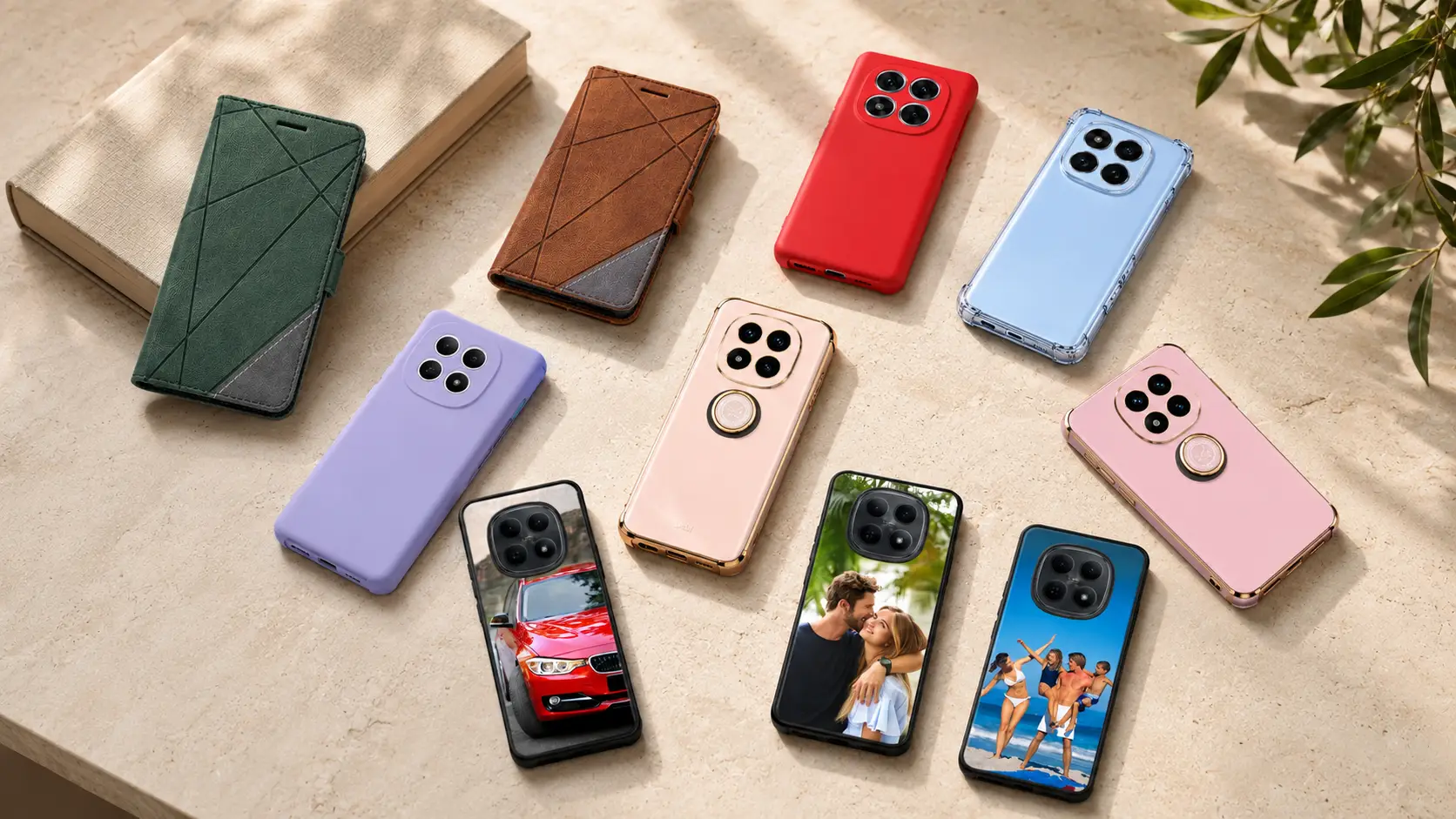 Assorted smartphone cases in pastel and bold colors laid on a beige surface, some with card organizers and metal ring holders, several phones showing photo wallpapers.