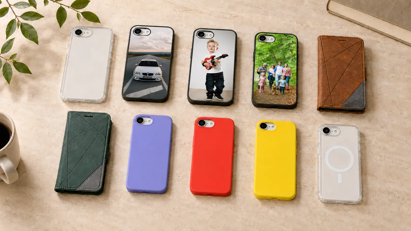 Ovitki za iPhone 17e | Poceni-Ovitki.si Row of colorful phone cases on a beige surface; two show photos (car on road; child with guitar) and a family walk image on others.