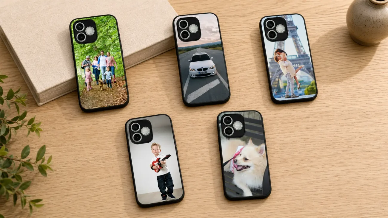 Personalizirani Ovitki za Honor 600 Lite | Poceni-Ovitki.si Six smartphones with personalized photo cases laid on a wooden table: a hiking family, a car on a highway, a couple kissing with the Eiffel Tower in the background, a child with a guitar, and a white dog