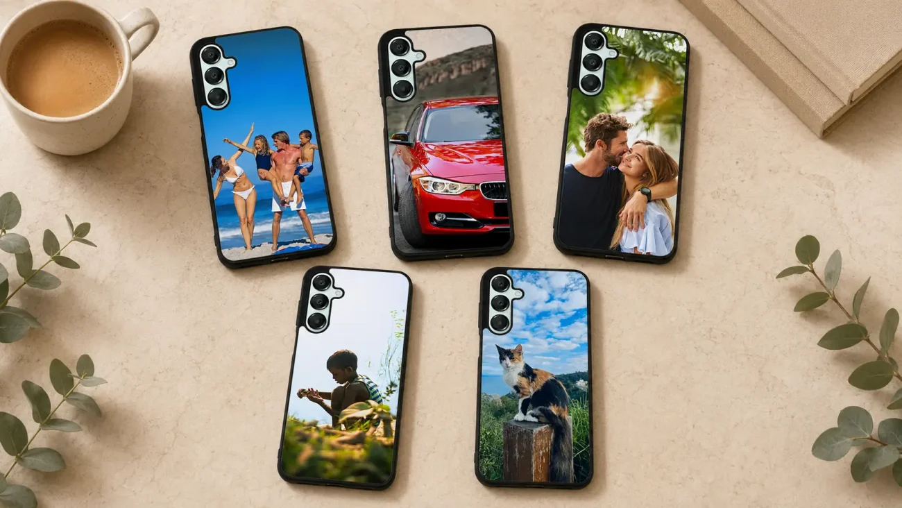 Six smartphones with customized photo cases arranged on a beige surface: beach friends on the left, red car in the center, a couple embracing on the right, and two phones on the bottom row showing a child outdoors and a calico cat perched on a post, with a blue-sky image nearby.