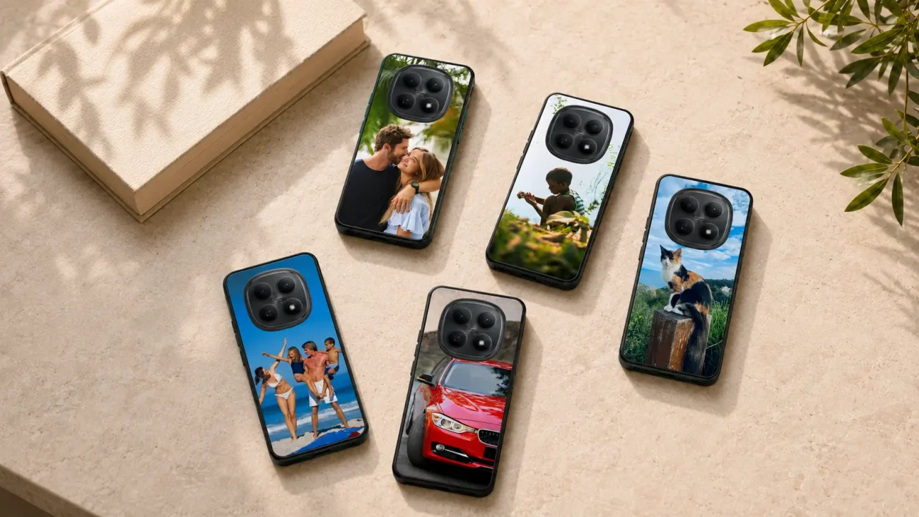 Six smartphones with personalized photo cases arranged on a beige surface, each displaying a different image (couple, child, dog, beach group, red car, etc.).